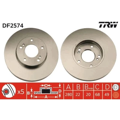 Abbildung von TRW DF2574 Bremsscheibe 280 22 5 114,3 Belüftet lackiert NISSAN: Maxima 2, IV QX Saloon