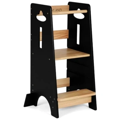 Abbildung von COSYLAND Lernturm ab 18 Monaten 6 Jahre für Kinder Höhenverstellbarer Tritthocker die Küche Stabil Learning Tower Kinder, 3 stufig Verstellbarer (Holzfarbe und Schwarz)