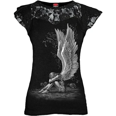Abbildung von Spiral Enslaved Angel Top mit Flügelärmeln &amp; Spitze Schwarz S