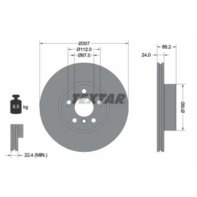 Abbildung von TEXTAR 92326805 Bremsscheibe 307 24 05/06 112 innenbelüftet beschichtet hochgekohlt ohne Radbefestigungsbolzen, Radnabe BMW: 3 Saloon, Touring