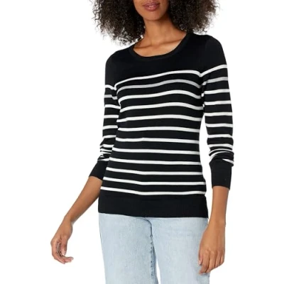 Abbildung von Amazon Essentials Damen Leichter, Langärmeliger Pullover Mit Rundhalsausschnitt (Erhältlich in Übergröße), Schwarz Grau Weiß Streifen, XL