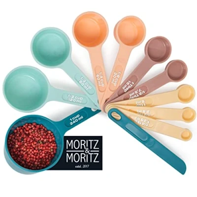 Abbildung von Moritz &amp; 11 TLG. Messlöffel Set 1/4 TSP bis 1 Cup stapelbar Messbecher Measuring Cups und Spoons 1,25 240ml inkl. Streichlineal Zum Kochen Backen mit Kindern (Bunt)