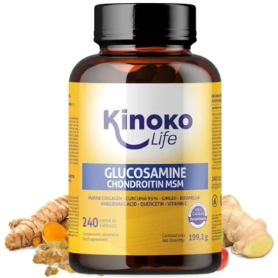 Abbildung von Kinoko life Glucosamin und Chondroitin 240 Kapseln mit MSM, Meereskollagen, Hyaluronsäure, Kurkuma, schwarzem Pfeffer, Ingwer, Boswellia Quercetin. Für Gelenke, Knorpel Knochen