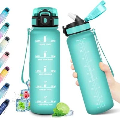 Abbildung von Trinkflasche 1L, Sport Wasserflasche, mit Strohhalm &amp; Zeitmarkierung, Auslaufsicher, BPA frei, Ideal für Gym, Yoga, Camping, Fahrrad, Schule, Büro, Erwachsene, Kohlensäure geeignet