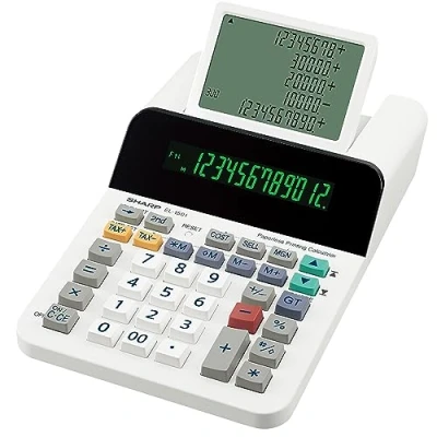 Abbildung von Sharp EL 1501 Anzeigender Tischrechner (Paper&amp; Ink Free, 12 stelliges und 5 zeiliges LCD Display, Batteriebetrieb) Weiß, 150mm x 62mm 228mm