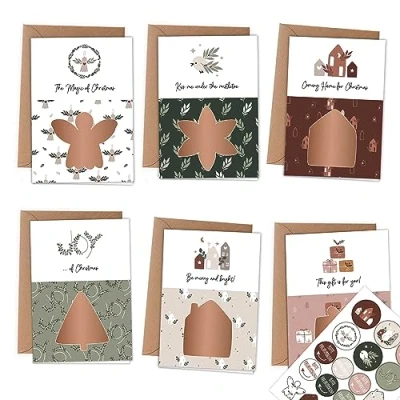 Abbildung von Papierdrachen 6 Klappkarten zum Freirubbeln zu Weihnachten in DIN A6 mit Packpapierumschlägen und passenden Dekoaufklebern Verschicke einzigartige Weihanchtspost Hygge Set 02