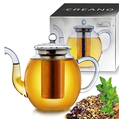 Abbildung von Creano Teekanne aus Glas 1,0l mit Edelstahl Filter Glasteekanne Sieb und Deckel Dobin Ideal zur Zubereitung von Losen Tees tropffrei