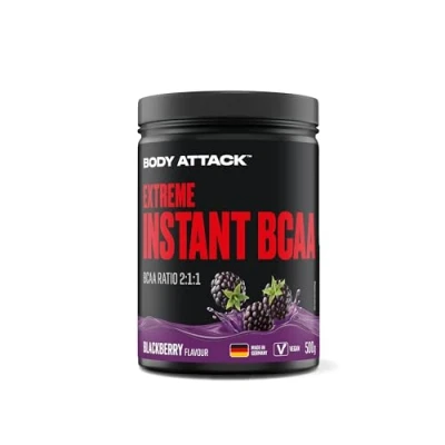 Abbildung von Body Attack INSTANT BCAA Blackberry, 500g Made in Germany Gut lösliches, veganes Pulver im Verhältnis 2:1:1 Zuckerfreie Aminosäuren für Muskelaufbau Training Mit L Leucin