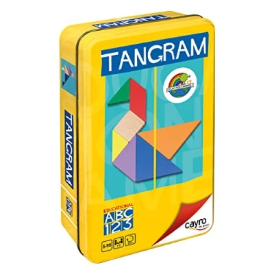 Abbildung von Cayro Tangram ab 7 Jahren farbige Holzteile Lernbrettspiel ideal für Kinder und Erwachsene Tans, 1 Metallbox illustriertes Buch Entwicklung kognitiver Fähigkeiten Intelligenz