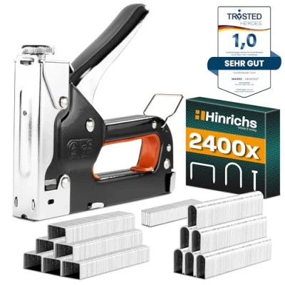 Abbildung von Hinrichs Handtacker Set 3 in 1 Profi Tacker für Holz Stofftacker Handwerker zum Fixieren mit Klammern Möbeltacker Staple Gun Holztacker 400 &amp; 200 Nägeln