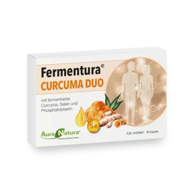 Abbildung von Aura Natura Fermentura Curcuma Duo mit fermentiertem Granulat und Extrakt enthält Curcumin angereichert Selen Phosphatidylserin 30 vegane Kapseln