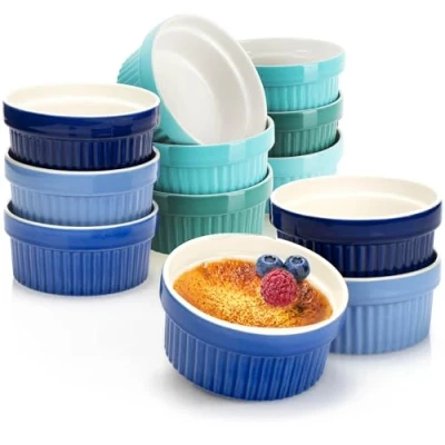 Abbildung von COM FOUR® 12x Soufflé Förmchen Creme Brulee Schälchen aus Keramik Ofenfeste Dessertschale und Pastetenförmchen für Ragout Fin je 200 ml in Blau Grüntönen