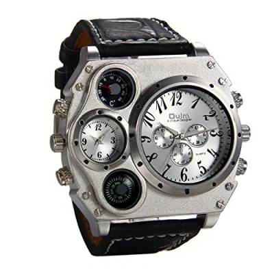 Abbildung von JewelryWe Herrenuhr Übergroß Zwei Zeitzone Kompass Thermometer Kalender Analog Quarz Armbanduhr Schwarz Leder Armband Sportuhr mit Silber Zifferblatt