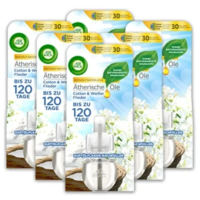 Abbildung von Air Wick Duftölflakon Nachfüller Cotton und Weißer Flieder Blumig frischer Raumduft 6er Duftöl Set Plastikfreie Verpackung