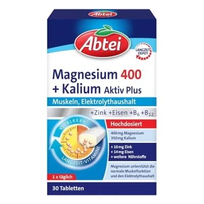 Abbildung von Abtei Magnesium 400 + Kalium Aktiv Plus hochdosiert, für aktive Muskeln und den Elektrolythaushalt mit Depot Effekt vegan 30 Tabletten
