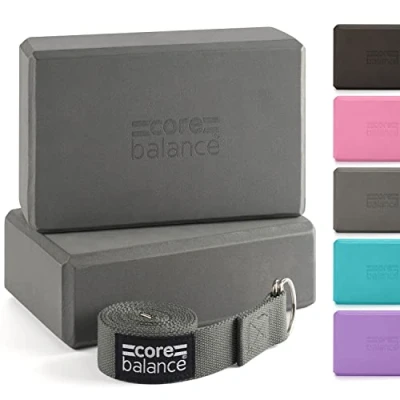 Abbildung von Core Balance Yoga Blocks im Doppelpack &amp; GRATIS Gurt, 2 STK. Eva Schaumstoff Blöcke, robust leicht, Riemen aus Baumwolle mit innovativem D Ring Verschluss, ideal für Pilates, 5 versch. Farben