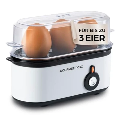 Abbildung von GOURMETmaxx Eierkocher für 3 Eier Egg Boiler mit Eierstecher im Messbecher Cooker Härtegrade deinen Eierbecher Design klein spülmaschinenfeste Teile