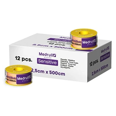 Abbildung von Medrull Fixierpflaster SENSITIVE 5 m x 2,5 cm Pflaster hypoallergenes Tapeband zur hautfreundlichen Fixierung von Wundverbänden 12 Rollen
