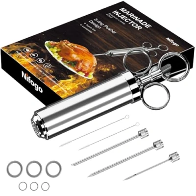 Abbildung von Edelstahl Fleischspritze, Marinierspritze, BBQ Bratenspritze mit 3 Nadeln, 60 ml Gewürzspritze für Rind, Huhn, Gebäck Marmelade zu befüllen, 304 Edelstahlausführung (Silber)