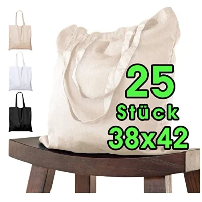 Abbildung von 25 STÜCK Baumwolltasche 38 x 42 cm unbedruckt lange Henkel Stofftasche Tragetasche Umhängebeutel Baumwollbeutel Jutebeutel ÖKO TEX® geprüft Stoffbeutel Einkaufsbeutel Einkaufstasche leinentasche natur