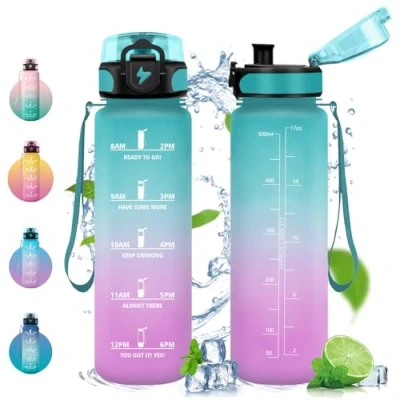 Abbildung von Vikastar Trinkflasche, 500ml BPA Frie, Trinkflasche Sport, Kohlensäure Geeignet, Sportflasche für Kinder, Schule, Outdoor, Hellgrün Hellrosa