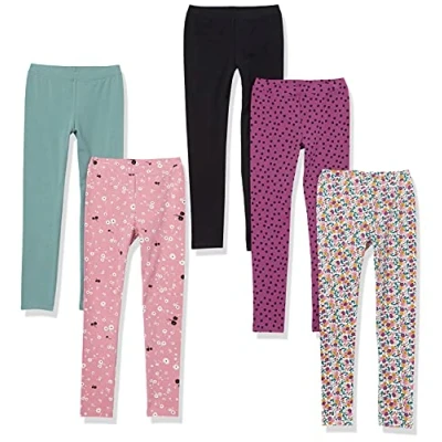 Abbildung von Amazon Essentials Mädchen Leggings, 5er Pack, Purpur Punkte/Rosa Blumen/Schwarz/Türkisgrün/Weiß Streublumen, 8 Jahre