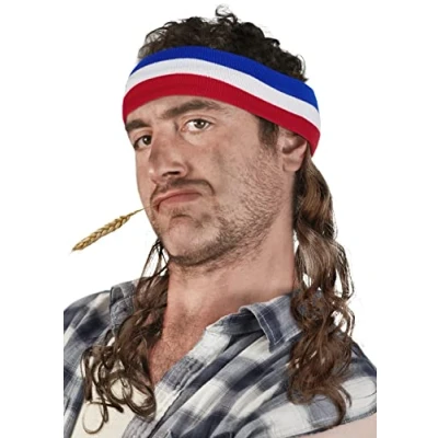 Abbildung von Vokuhila Kopfband mit Haaren Stirnband Hillbilly Headband Prollperücke Perücke Proll Pimp (Braun)