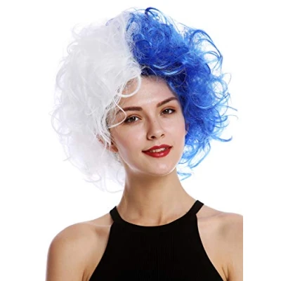 Abbildung von WIG ME UP 91344 PC3+P60 Perücke Damen Herren Verrückt Wilde Locken Volumen Blau Weiß Hälften