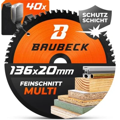 Abbildung von BAUBECK Sägeblatt 136x20 Multi Material Feinschnitt Kreissägeblatt 136 x 20mm für Holz, Aluminium, Metall uvm. 136x20mm kompatibel mit Bosch GKM