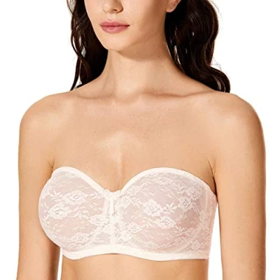 Abbildung von DOBREVA Damen Trägerloser BH mit Bügel Durchsichtig Spitze Dirndl Bandeau BHS Transparenten Trägern Rose White 90D