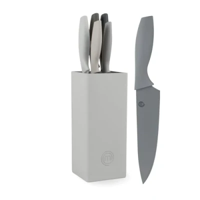 Abbildung von MasterChef Messerblock mit Messer, Kuchenmesser Set Santokumesser, Brotmesser, Kochmesser, Gemüsemesser und Allzweckmesser, Edelstahl, Scharfes, 5 teilig, Schwarz, Soft Touch Griffe
