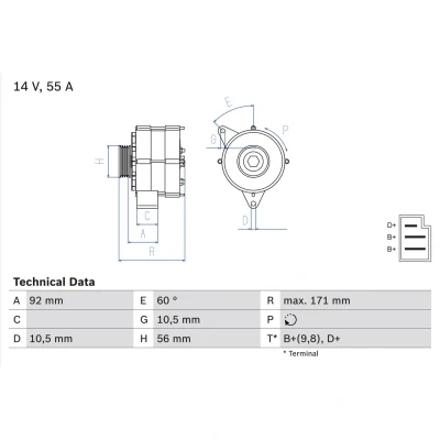 Abbildung von BOSCH 0 986 033 740 Lichtmaschine 14V 55A MERCEDES BENZ: W124 Saloon, 190, T1 Minibus