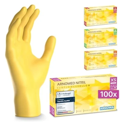 Abbildung von ARNOMED Einweghandschuhe Gelb 100 Stück/Box, Einmalhandschuhe XS, Nitrilhandschuhe, Handschuhe Einweg puderfrei, latexfreie Gummihandschuhe, in S, M &amp; L verfügbar