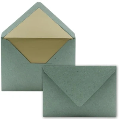 Abbildung von Kuverts in Kraftpapier Grün 25 Stück Brief Umschläge DIN C6 114 x 162 mm 11,4 16,2 cm Naßklebung matte Oberfläche &amp; Gold Metallic Fütterung ohne Fenster für Einladungen