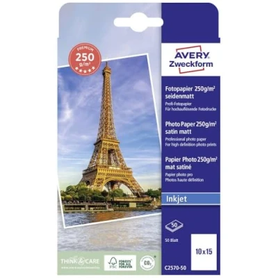 Abbildung von Avery Zweckform Art. C2570 50 Premium Inkjet Fotopapier (50 Blatt, 250 g/m², 10x15cm, seidenmatte Fotokarten, einseitig beschichtet, sofort trocken &amp; wischfest, Fotoblätter für Drucker) weiß