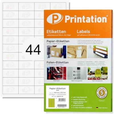 Abbildung von Printation Amazon FBA SKU Artikel Etiketten 44 (48,5x25,4 mm) auf DIN A4 100 Blatt 4400 Papier Barcode Aufkleber 48,5 x 25,4 mm weiß selbstklebend bedruckbar 48x25 Produkt