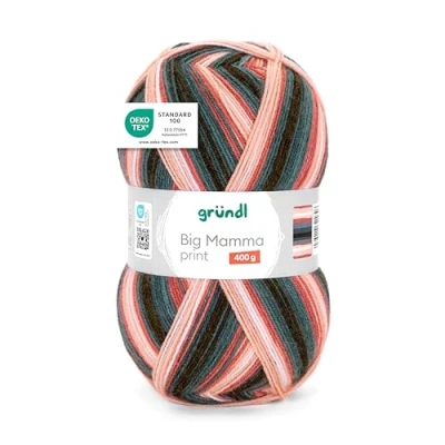 Abbildung von Gründl Wolle Big Mamma Print XXL zum Stricken Großknäuel 400 g / 1040 m Farbverlauf aus 100% Polyacryl pfirsich rostrot grün weiß