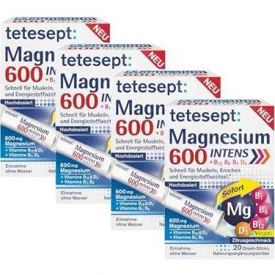 Abbildung von tetesept Magnesium 600 Intens 4 x 20 Direkt Sticks Nahrungsergänzungsmittel mit Pulver zur Einnahme ohne Wasser Schnell für aktive Muskeln Vegan