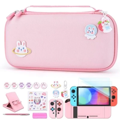 Abbildung von innoAura Switch Tasche für NS 18 in 1 Zubehör mit Hülle, Spiele Aufbewahrung, Schutzfolie, Ständer, Joystick Kappen (Rosa)