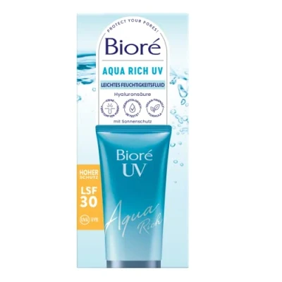 Abbildung von Biore Aqua Rich UV Leichtes Feuchtigkeitsfluid für das Gesicht Sonnenschutz Lichtschutzfaktor LSF 30 UVA/UVB Funktioniert unter Make Up Nicht fettend