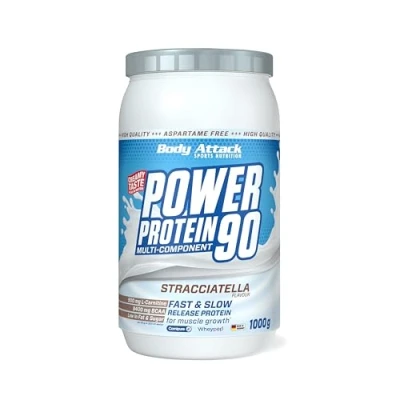 Abbildung von Body Attack POWER Protein 90 Stracciatella 1kg Dose Mehrkomponenten Pulver, Made in Germany Mit BCAA, Vitaminen &amp; L Carnitin Shake extra cremiger Geschmack, gute Löslichkeit