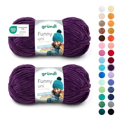 Abbildung von Gründl Wolle Funny uni, weiches Chneillegarn zum Stricken und Häkeln aus 100% Polyester, 2 Knäuel (100 g/ 120 m, Nadelstärke: 5 6), Aubergine