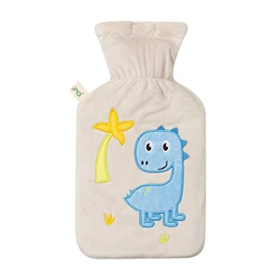 Abbildung von Premium Wärmflasche 1 Liter mit hochwertigem weichem Fleece Bezug eingesticktem Dino, Klettverschluss und extra Fütterung, BS1970:2012 zertifiziert, neues Modell, Dino beige