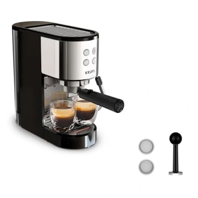 Abbildung von Krups Virtuoso Essential Espresso Siebträgermaschine, 15 bar, Edelstahl Applikationen, schlankes Design, Bedienfeld mit 4 Funktionen, inkl. Barista Zubehör, Edelstahl, XP441810