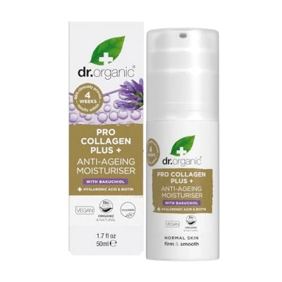 Abbildung von Dr Organic Pro Kollagen Plus Bakuchiol, Hyaluronsäure, Biotin, Gesundes Altern, Falten, Trockene &amp; Empfindliche Haut, Tierversuchsfrei, Paraben SLS frei, Recycelt Recyclebar, Bio, 50ml