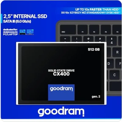 Abbildung von goodram SSD 512GB CX400 Gen.2 Solid State Drive mit SATA III Interface 3D TLC NAND Flash Speicherchips 2,5 Zoll zur Beschleunigung Ihres PCs bis zu 10 Mal Schwarz 512 GB