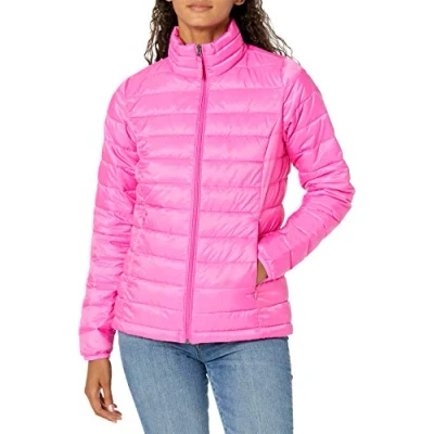 Abbildung von Amazon Essentials Damen Leichte, langärmelige, Wasserabweisende, packbare Pufferjacke (in Übergröße erhältlich), Neonrosa, M