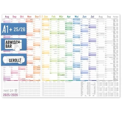 Abbildung von Häfft® abwischbarer Wandkalender Schuljahr 2025/2026 A1+ &quot;Rainbow&quot; 89 x 63 cm groß, gerollt Schuljahreskalender, Schuljahresplaner für die Wand nachhaltig &amp; klimafreundlich