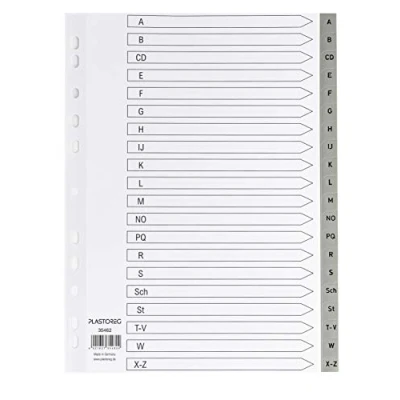 Abbildung von 5er Set 20 teiliges Register/Trennblätter aus PP DIN A4 mit Buchstaben A Z, volldeckend + praktischem Deckblatt stabilem Papier zum Beschriften. Trenn Blätter für die Ordner Organisation im Büro.