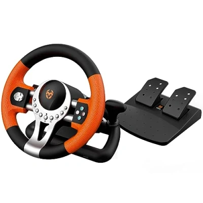 Abbildung von KROM K Driver Multiplattform Lenkrad und Pedalen Set, Schalthebel Schaltwippen am Lenkrad, Vibrationseffekt, kompatibel mit PC, PS3, PS4 Xbox, Schwarz/Orange